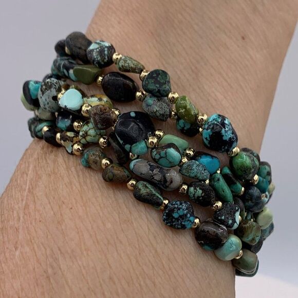 Bracelet, 6 strands of real turquoise, large jewelled clasp, 9 inches, N… - Picture 2 of 14